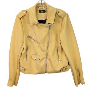 Only Our Story Faux Suede Jacket Bonded Bikers Moto Zip Pockets Yellow Womens 40